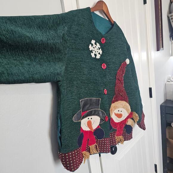 Vintage Christmas Cardigan Womens 2X Green Embroidered Snowman Cottage Granny - Picture 6 of 13